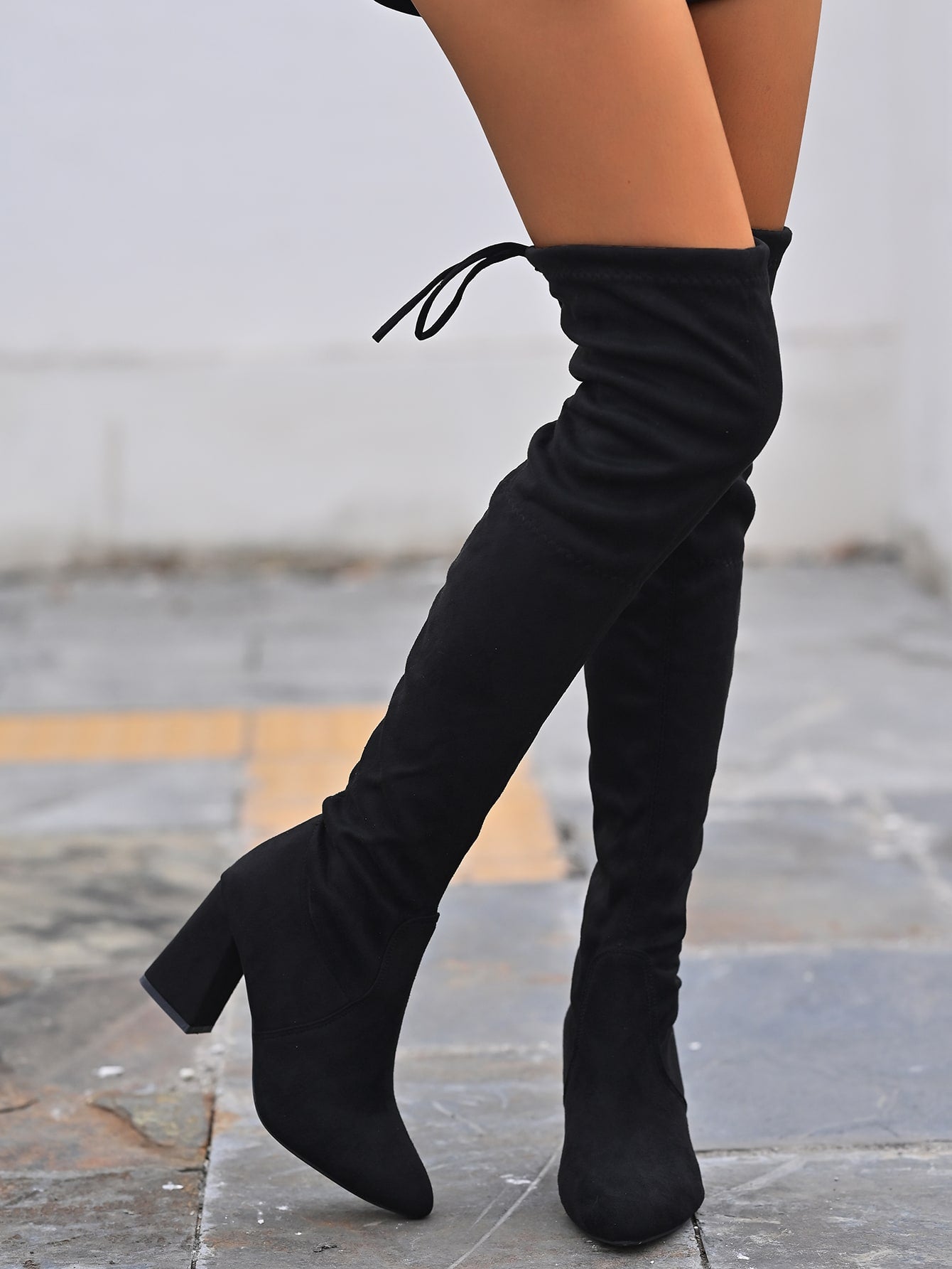 Women Black Tie Back Chunky Boots, Elegant Point Toe Middle Heel Sock Boots