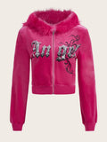 Sequin Letter Pattern Fuzzy Trim Hooded Velvet Jacket