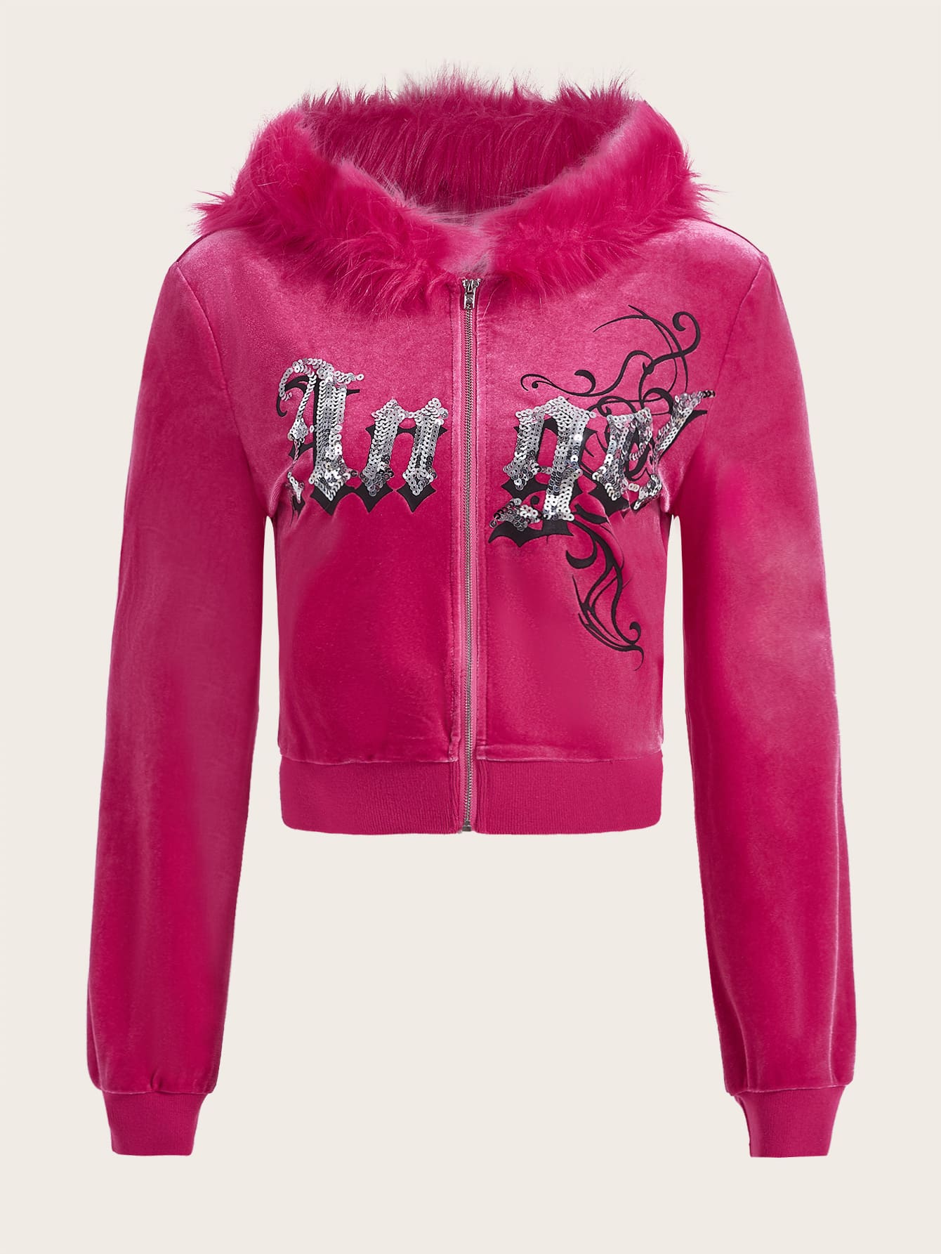 Sequin Letter Pattern Fuzzy Trim Hooded Velvet Jacket
