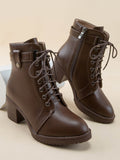 Women Brown Zip Side Lace-up Front Combat Boots, Round Toe Middle Heel Ankle Boots