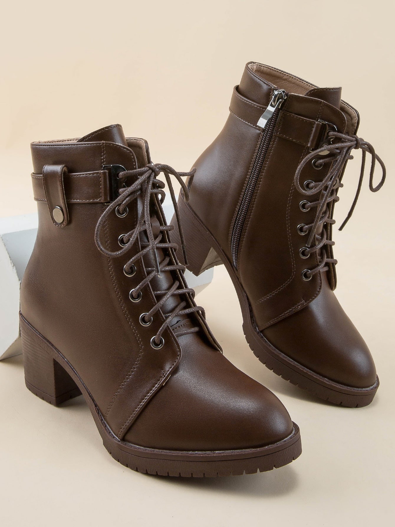 Women Brown Zip Side Lace-up Front Combat Boots, Round Toe Middle Heel Ankle Boots