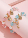 2pcs Girls Key & Lock Charm Beaded Bracelet