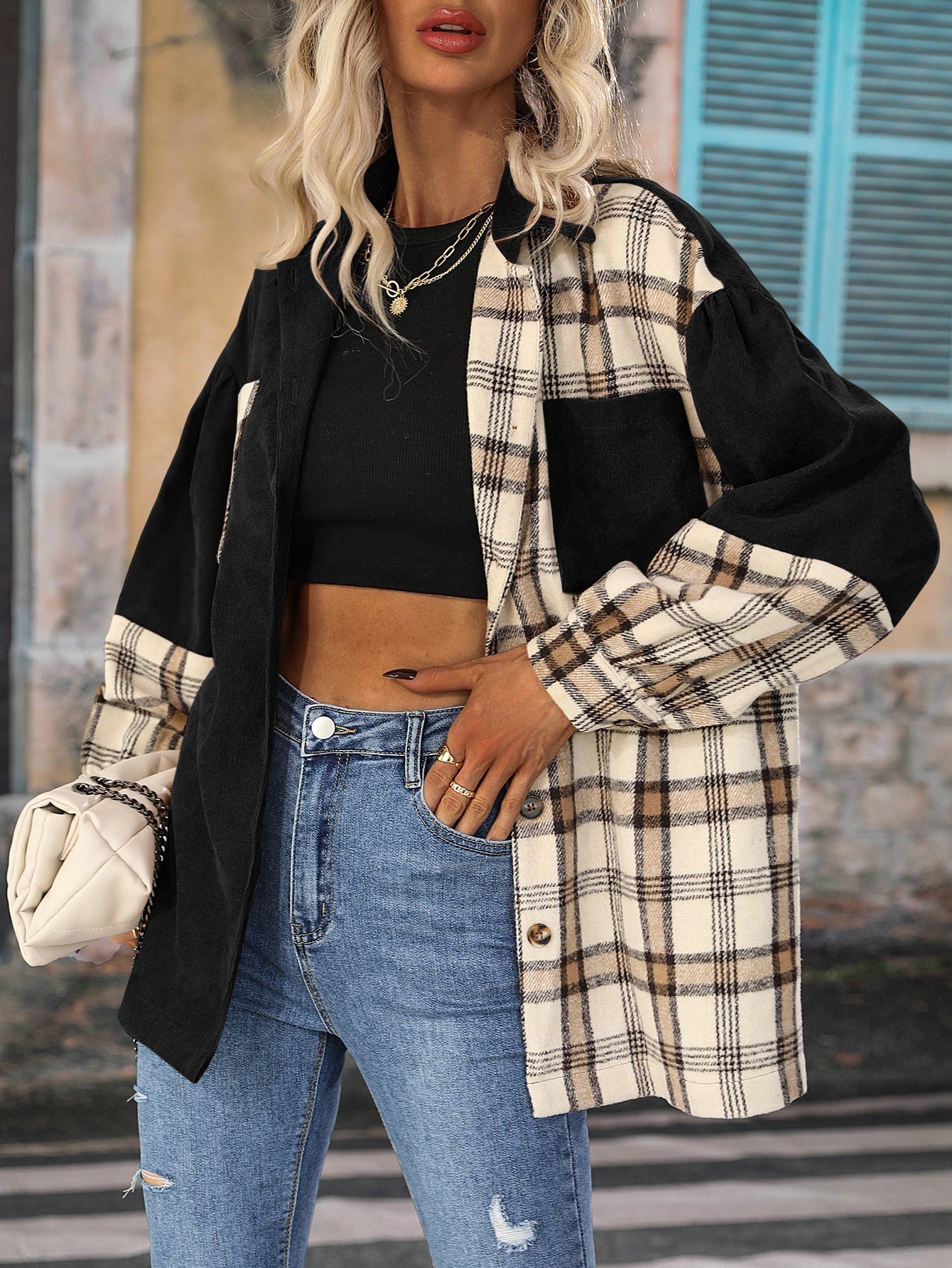 Plaid Patched Pocket Drop Shoulder Corduroy Coat