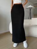Black Midi Skirt Lettuce Trim Rib-Knit Skirt