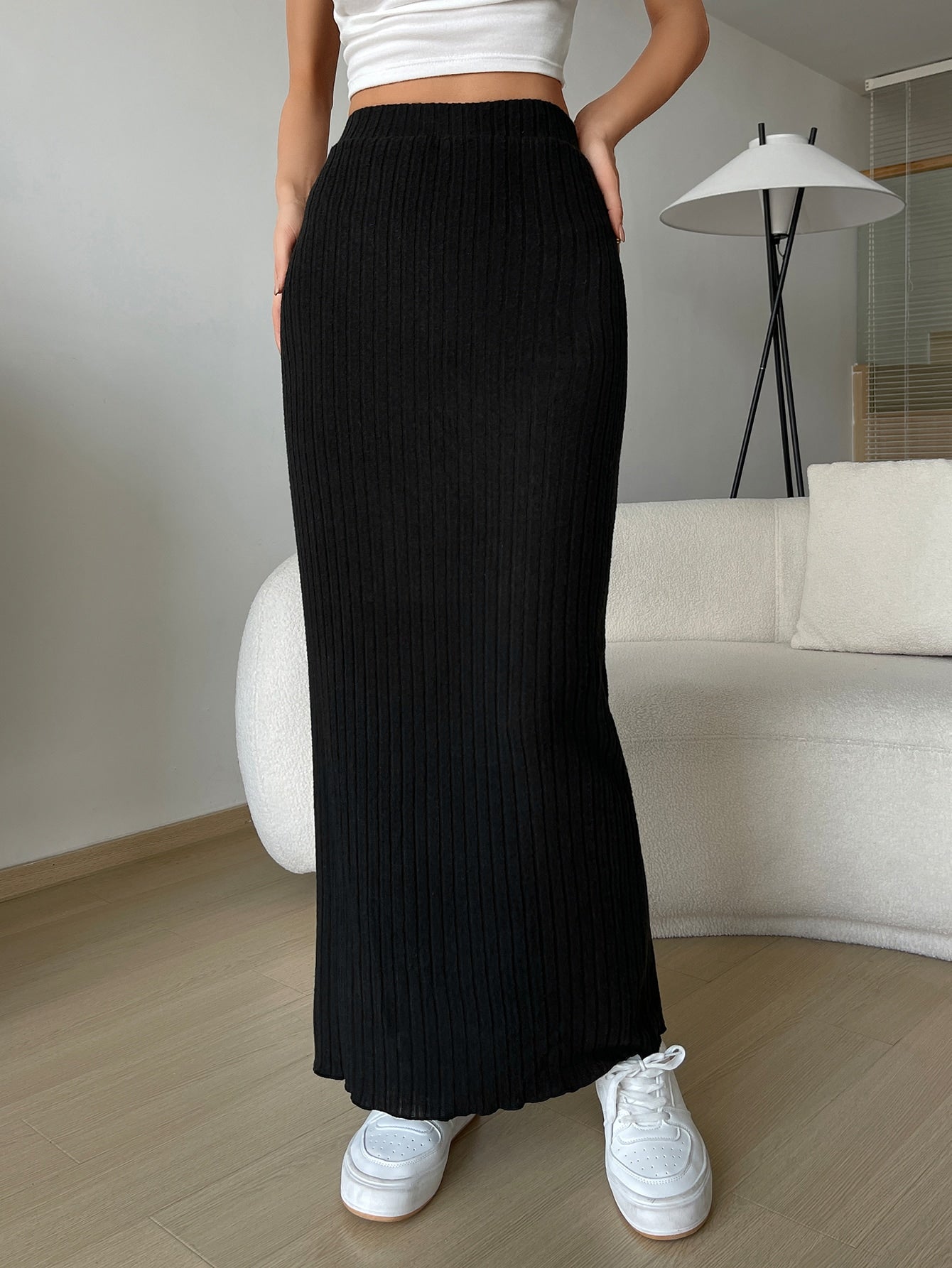 Black Midi Skirt Lettuce Trim Rib-Knit Skirt
