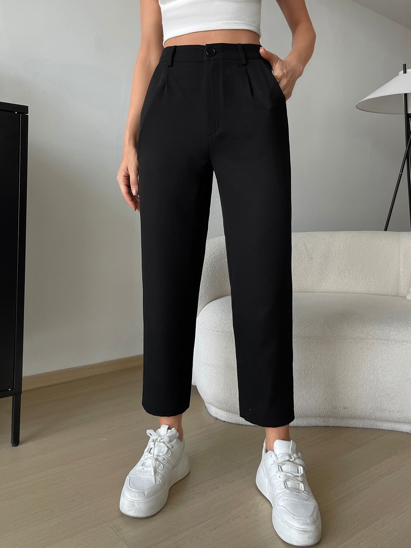 Spring Black Slant Pockets Cropped Suit Pants