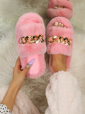 Women Chain Decor Single Fluffy Band Slide Sandals, Fashionable Solid Indoor Flat Slippers