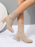 Women Minimalist Chunky Heeled Knit Boots, Elegant Square Toe Mid Heel Mid Calf Boots