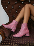 Sequin Decor Point Toe Chunky Heeled Classic Boots, Pink Party Style Solid Glitter Shiny Classic Boot