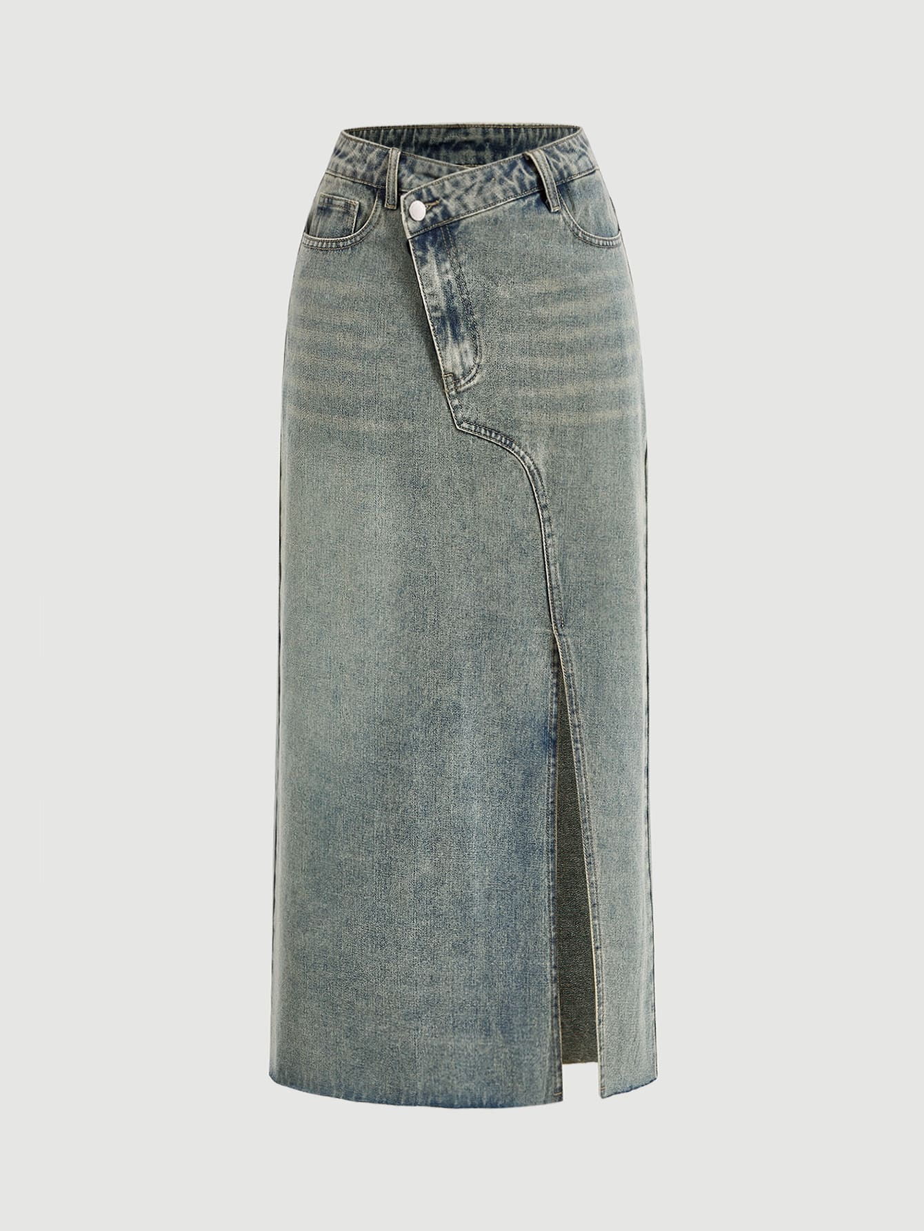 Asymmetrical Long Skirt Spring Break Stepped Waist Slit Hem Denim Skirt