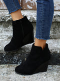 Women Thick Sole Wedge Ankle Boots Fashion Casual Side Zipper Winter Slip-On Short Black Booties
