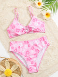Teen Girls Floral Print Ring Linked Bikini Set Summer Beach