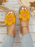 Vacation Yellow Slide Sandals For Women, Flower Decor Stitch Detail Sandals