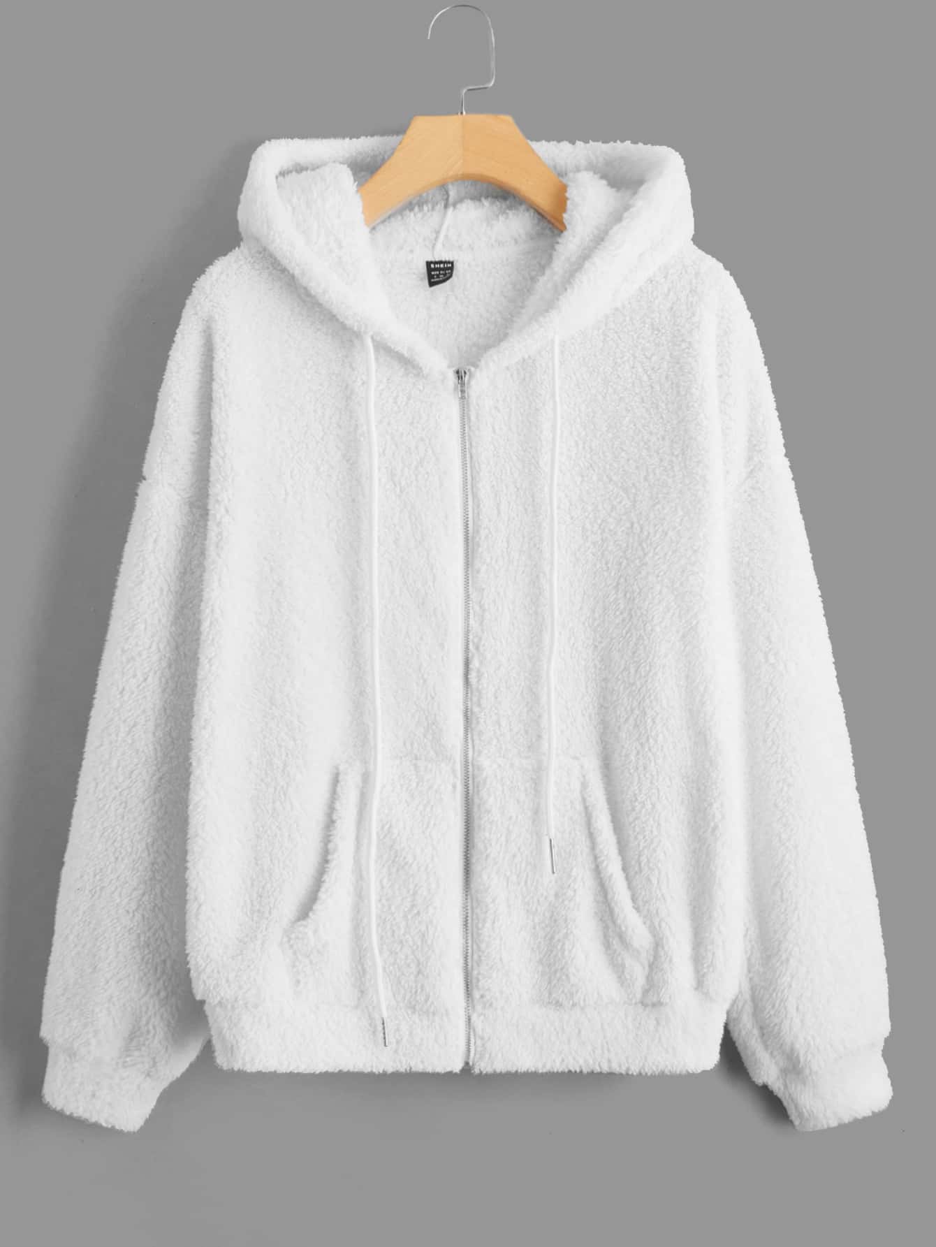 Drop Shoulder Drawstring Hooded Teddy Jacket