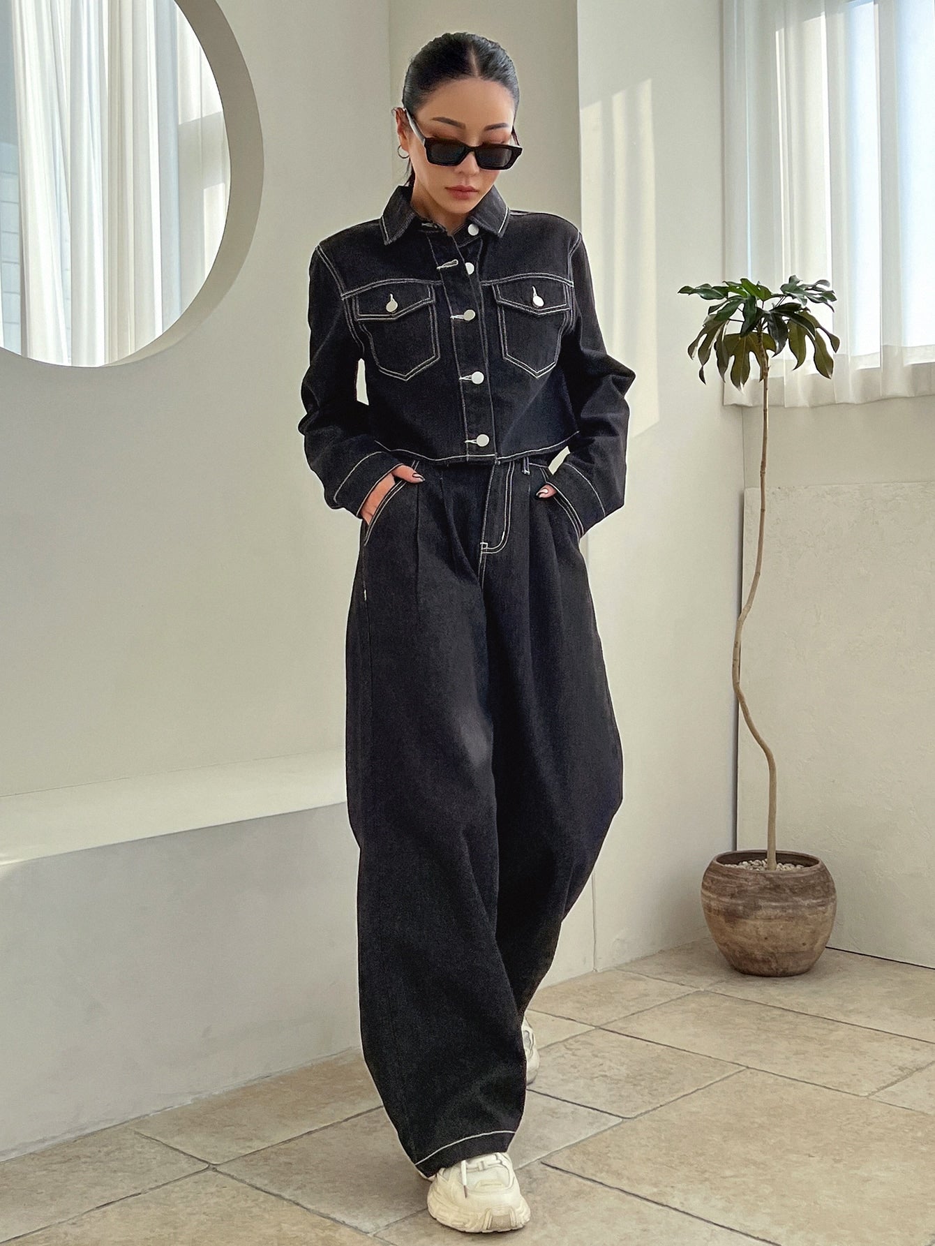 Flap Pocket Crop Denim Jacket & Wide Leg Jeans