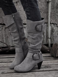 Elegant Gray Solid Color Wrinkle Design Boot With Buckle Decoration & Faux Suede Material & Cone Heel Casual Boots