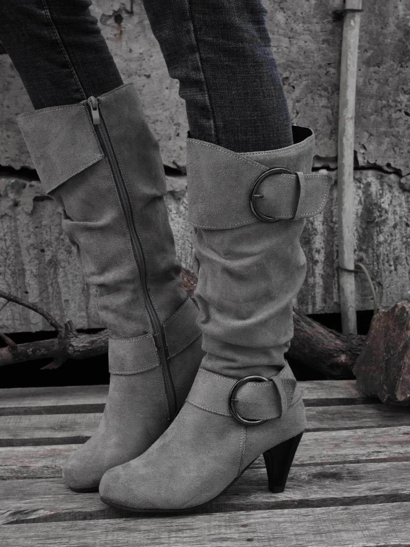 Elegant Gray Solid Color Wrinkle Design Boot With Buckle Decoration & Faux Suede Material & Cone Heel Casual Boots