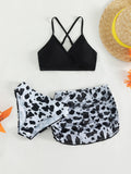Teen Girl Cow Print Criss Cross Bikini Set With Beach Skirt Summer Beach