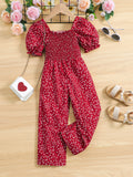Young Girl Allover Heart Print Puff Sleeve Shirred Jumpsuit
