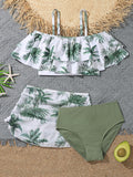 Tween Girl Tropical Print Ruffle Hem Bikini Set With Beach Skirt Summer Beach