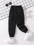 Young Boy Solid Black Simple Design Casual Long Pants With Elastic Cuffs, Suitable For Summer And Autumn