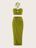 Two Piece Tie Back Halter Top & Twist Front Skirt