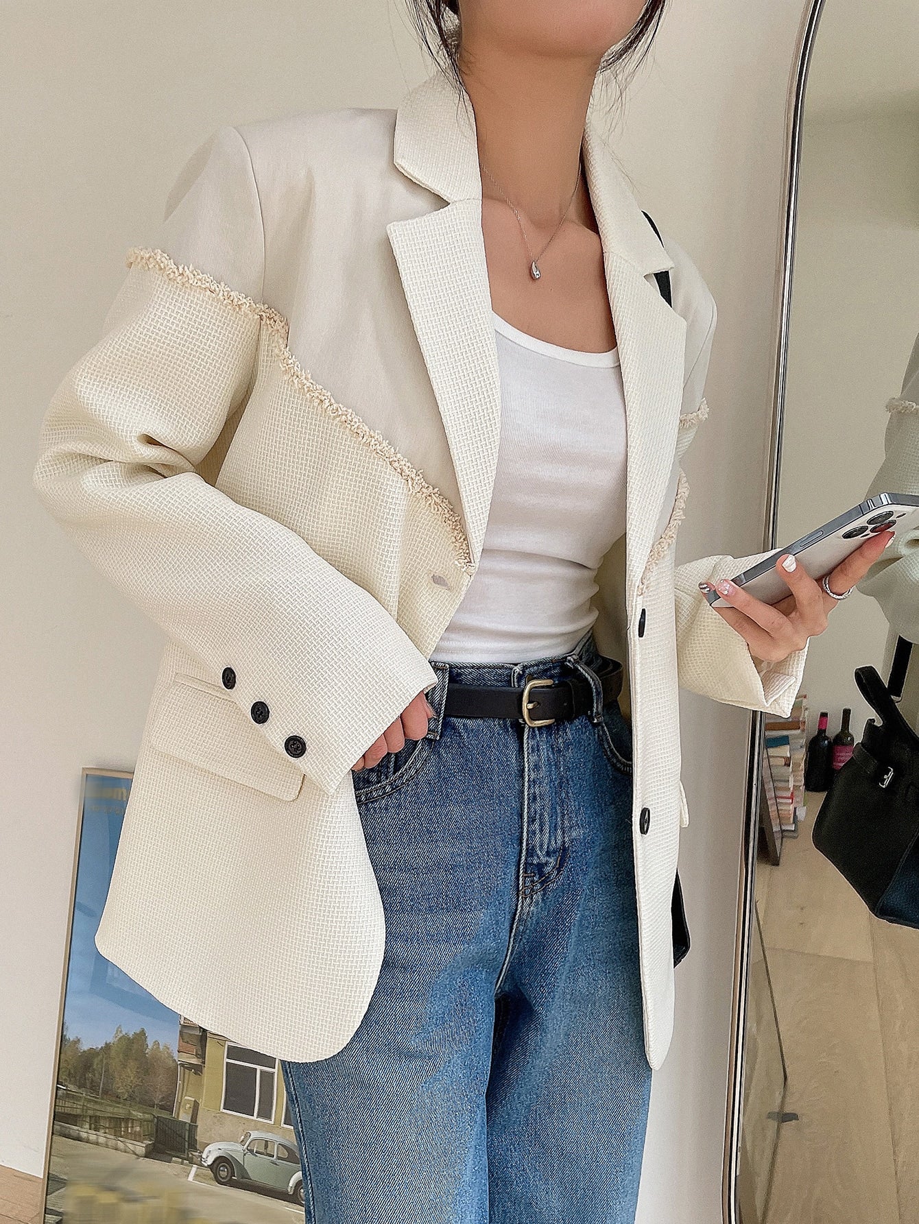 Raw Trimmed Single Breasted Flap Detail Blazer