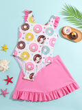 Tween Girl Donuts Print Frill Trim One Piece Swimsuit With Beach Skirt