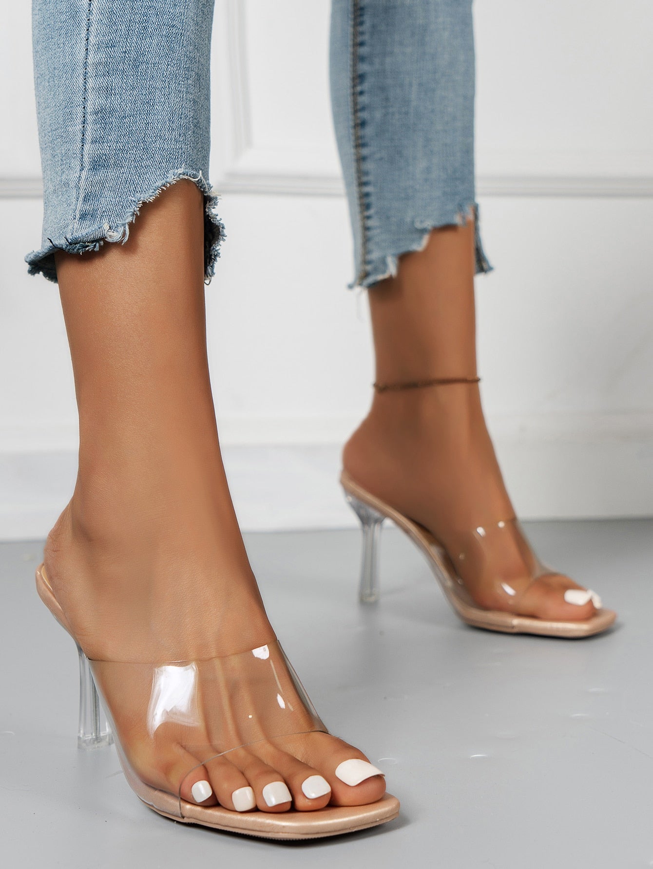 Clear Strap Heeled Mule Sandals, Fashionable Solid Color Women's High Heel Sandals With Transparent Heels & Straps