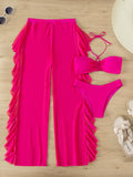 Swim Summer Beach 3packs Plain Criss Cross Halter Bikini Set & Cover Up Pants