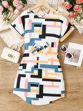 Tween Girl Geo Print Batwing Sleeve Curved Hem Dress