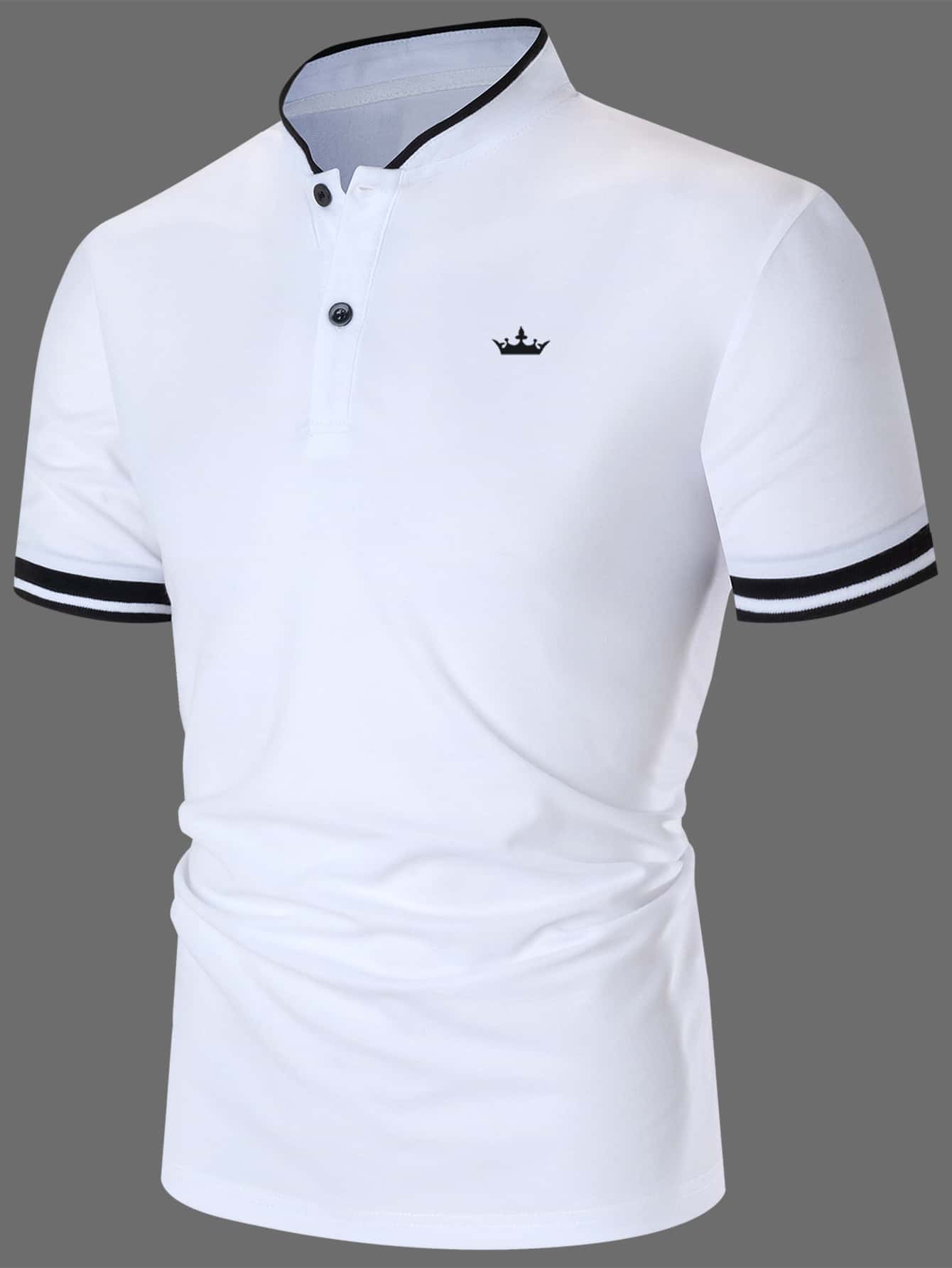 Men Crown Print Contrast Trim Half Button Collar Color Block White Business Casual Polo Shirt, Daddy & Boyfriend Gift