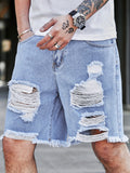Loose Fitting Men's Ladder Distressed Denim Shorts Baggy Jorts I Love Cowboys Plain Sky Blue Vacation Cowboy Rapper