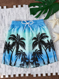Tween Boy Palm Tree Print Drawstring Waist Swim Shorts