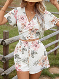 Women's Ruffled Short Sleeve Wrapped Top And Shorts Embroidered Vacation Set White Set  Spring Outfits Summer Two Piece Outfits