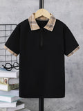 Tween Boy Plaid Print Contrast Collar Quarter Zip Polo Shirt