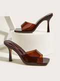 Fashion Brown Mule Sandals For Women, Single Band PVC Stiletto Heeled Sandals
