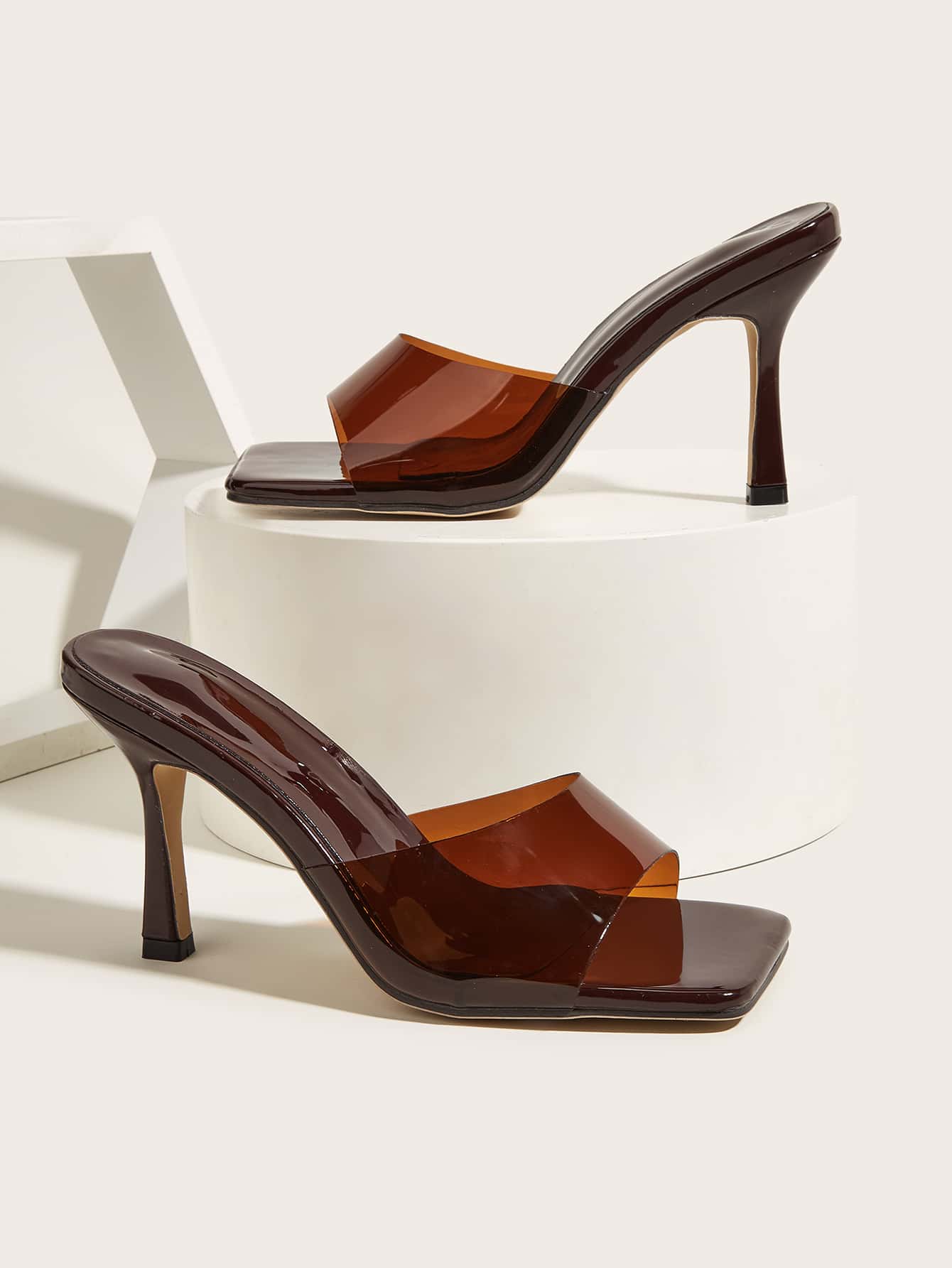 Fashion Brown Mule Sandals For Women, Single Band PVC Stiletto Heeled Sandals
