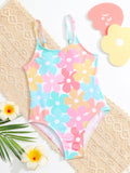 Young Girl Toddle One Piece Swimsuit With Cute Flower Design, Random Print, Adjustable Straps For Summer