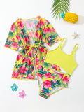 Young Girl Tropical Print Cut Out One Piece Swimsuit With Kimono