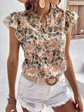 Women Notched V-Neck Shirt With Ruffle Sleeves For Summer  Flower Summer Cute Shirts