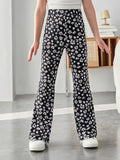 Tween Girl Knitted Elastic Waist Flared Pants With Simple Daisy Pattern Print, Versatile