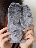 Fuzzy Fluffy Bunny Ear Case Compatible Cute Furry Gray Plush Rabbit Fur Phone Cases For Girls Women Winter Warm Soft Back Shockproof Protective Cover