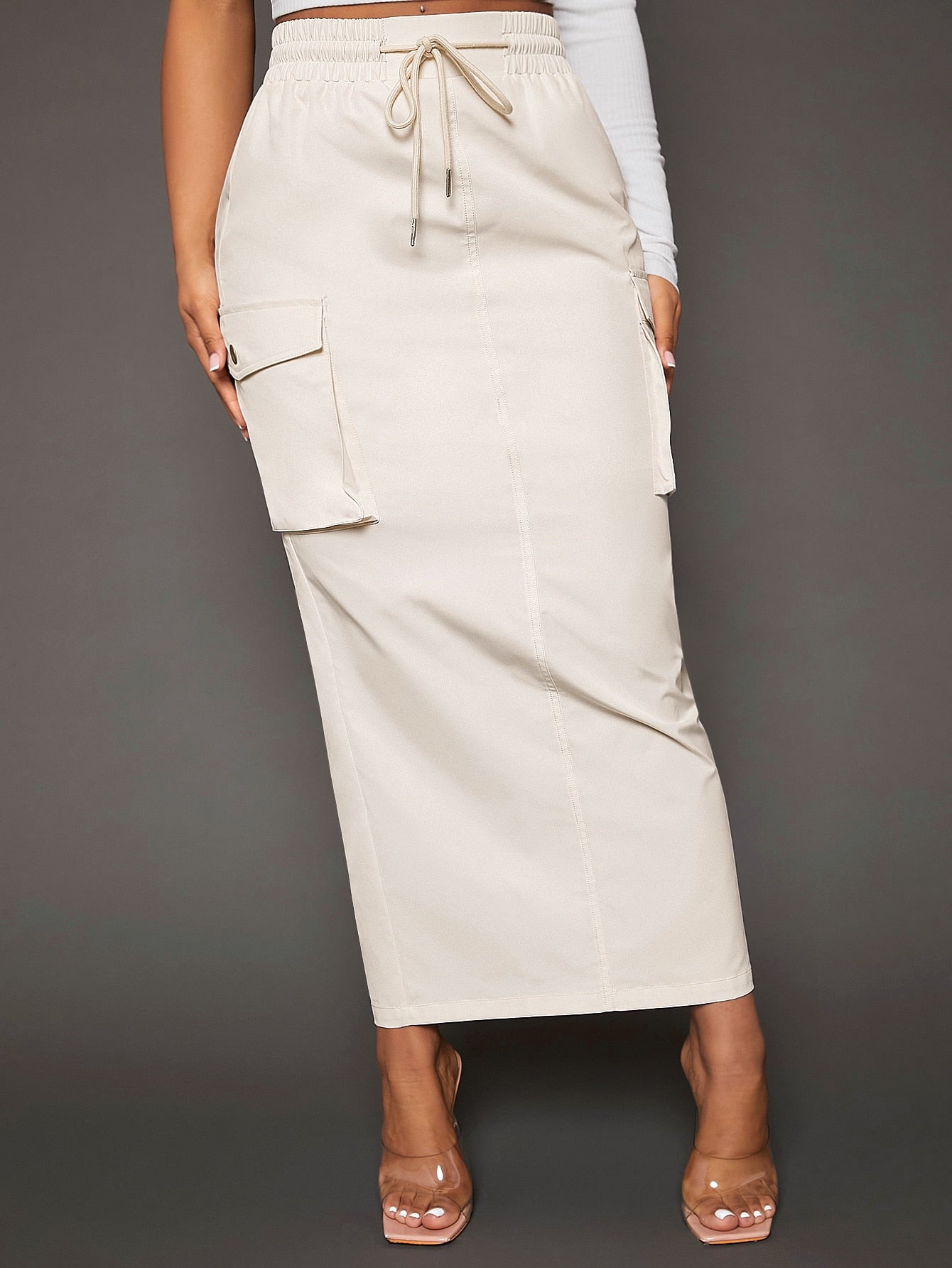 Drawstring Waist Flap Pocket Side Cargo Skirt