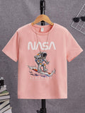 Tween Boys' Casual Astronaut Printed Loose Fit Knit Short Sleeve T-Shirt With Crew Neck