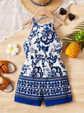 Tween Girl Bohemian Sleeveless Floral Printed Spaghetti Strap Romper For Summer