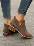 Elegant Brown Booties For Women, Hollow Out Point Toe Chunky Heeled Boots