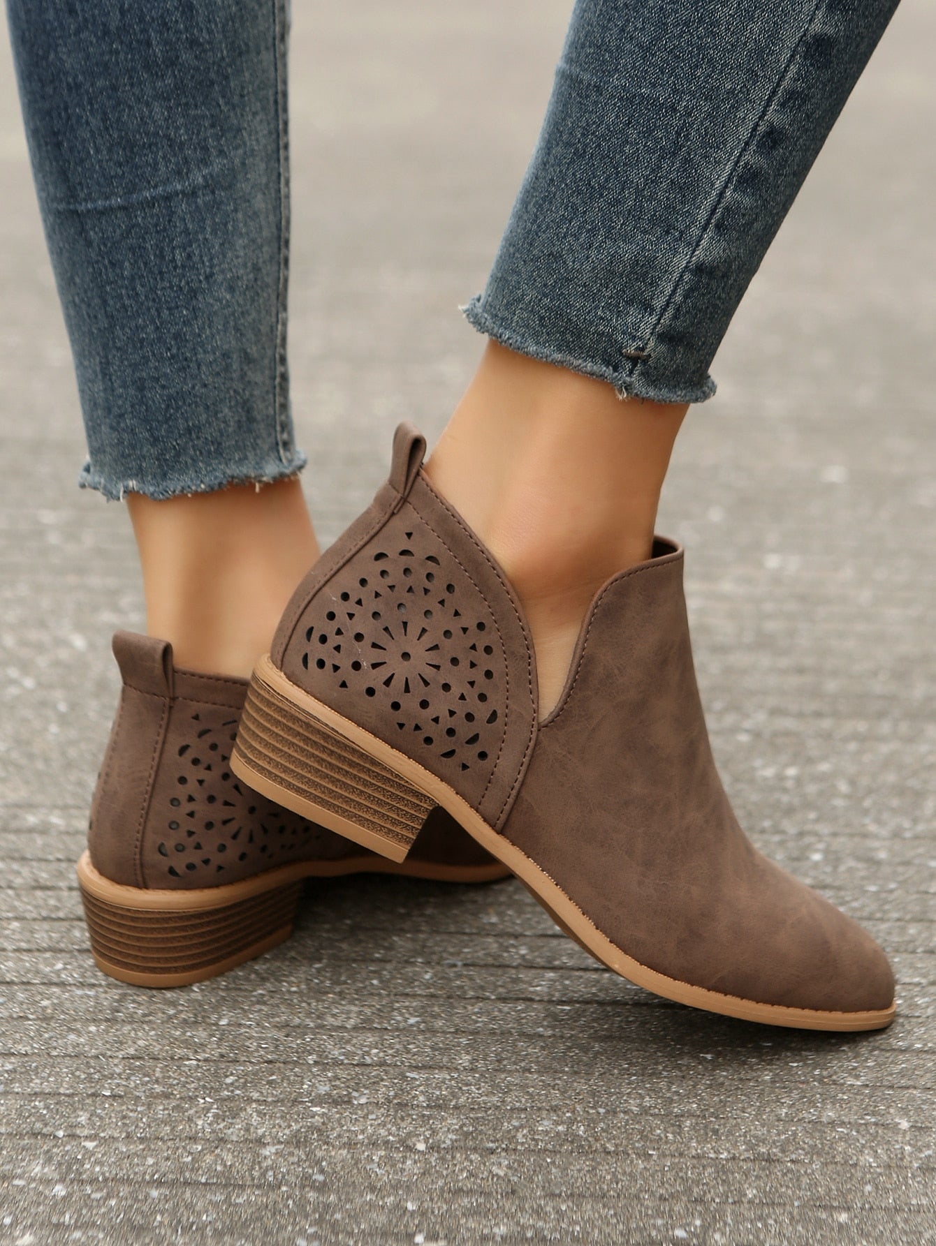 Elegant Brown Booties For Women, Hollow Out Point Toe Chunky Heeled Boots