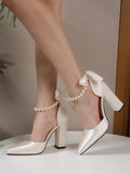 Women Faux Pearl Decor Point Toe Chunky Heeled Pumps, Glamorous Beige Satin Ankle Strap Pumps