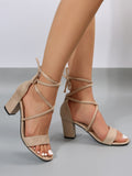 Elegant Apricot Strappy Sandals For Women, Tie Leg Design Faux Suede Chunky Heeled Sandals